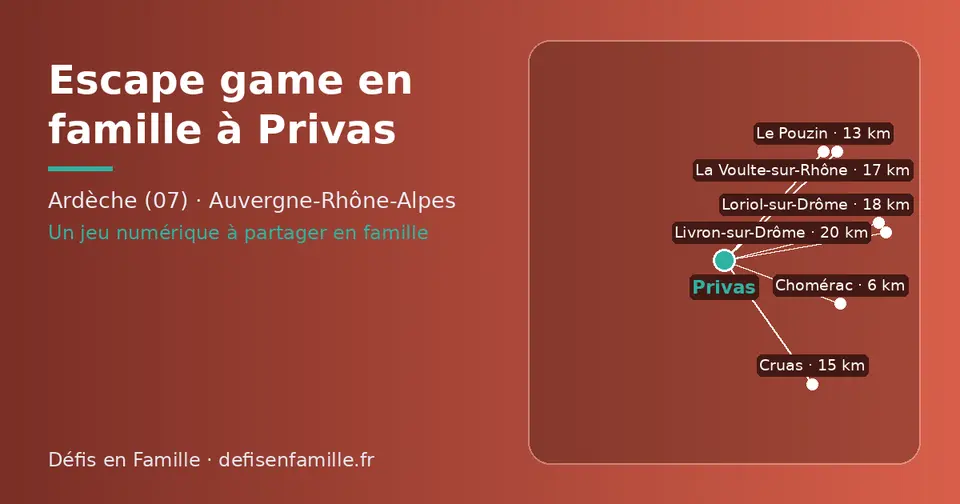 Carte schématique : Privas et les communes voisines présentées sur ce site (Chomérac, Le Pouzin, Cruas, La Voulte-sur-Rhône, Loriol-sur-Drôme, Livron-sur-Drôme)