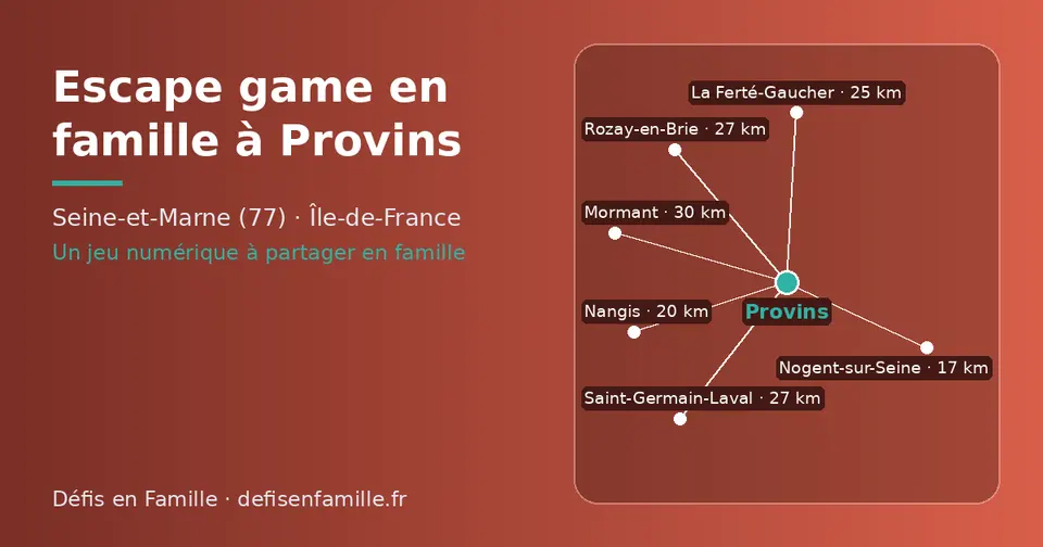 Carte schématique : Provins et les communes voisines présentées sur ce site (Nogent-sur-Seine, Nangis, La Ferté-Gaucher, Saint-Germain-Laval, Rozay-en-Brie, Mormant)