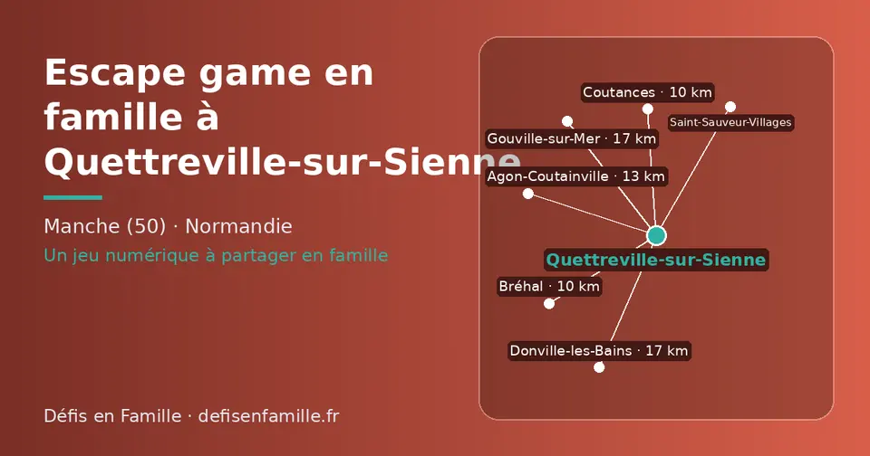 Carte schématique : Quettreville-sur-Sienne et les communes voisines présentées sur ce site (Coutances, Bréhal, Agon-Coutainville, Donville-les-Bains, Gouville-sur-Mer, Saint-Sauveur-Villages)