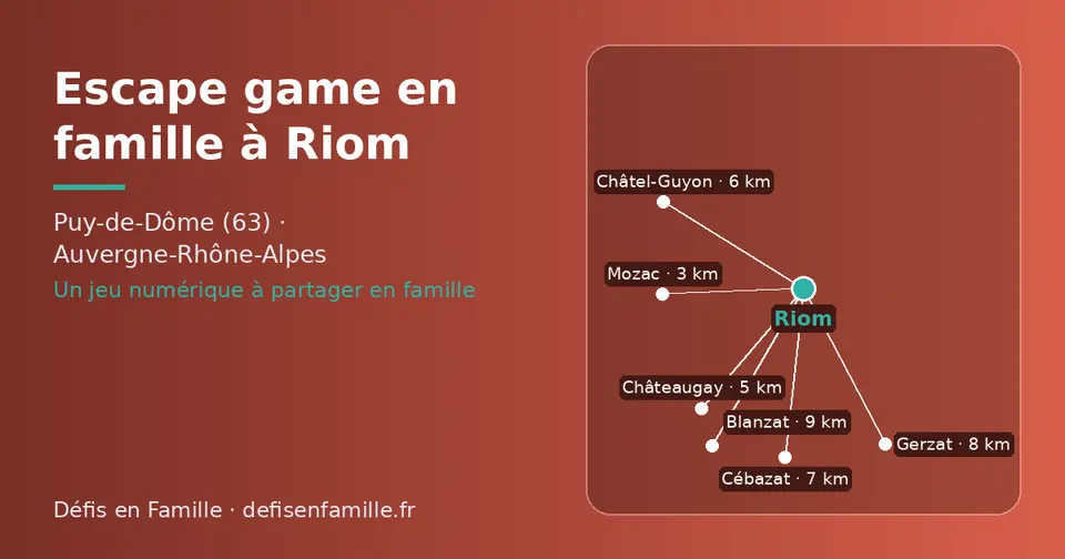 Carte schématique : Riom et les communes voisines présentées sur ce site (Mozac, Châteaugay, Châtel-Guyon, Cébazat, Gerzat, Blanzat)