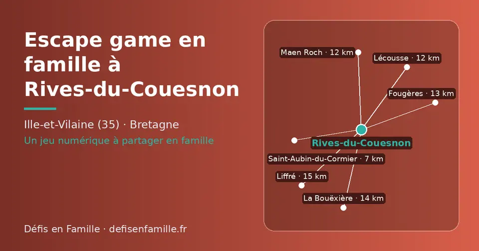 Carte schématique : Rives-du-Couesnon et les communes voisines présentées sur ce site (Saint-Aubin-du-Cormier, Lécousse, Maen Roch, Fougères, La Bouëxière, Liffré)