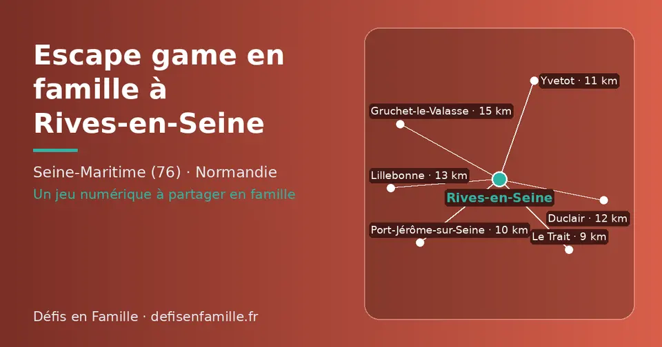 Carte schématique : Rives-en-Seine et les communes voisines présentées sur ce site (Le Trait, Port-Jérôme-sur-Seine, Yvetot, Duclair, Lillebonne, Gruchet-le-Valasse)