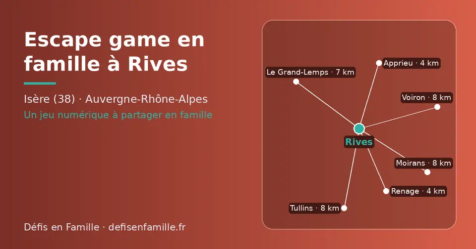 Carte schématique : Rives et les communes voisines présentées sur ce site (Renage, Apprieu, Le Grand-Lemps, Tullins, Moirans, Voiron)