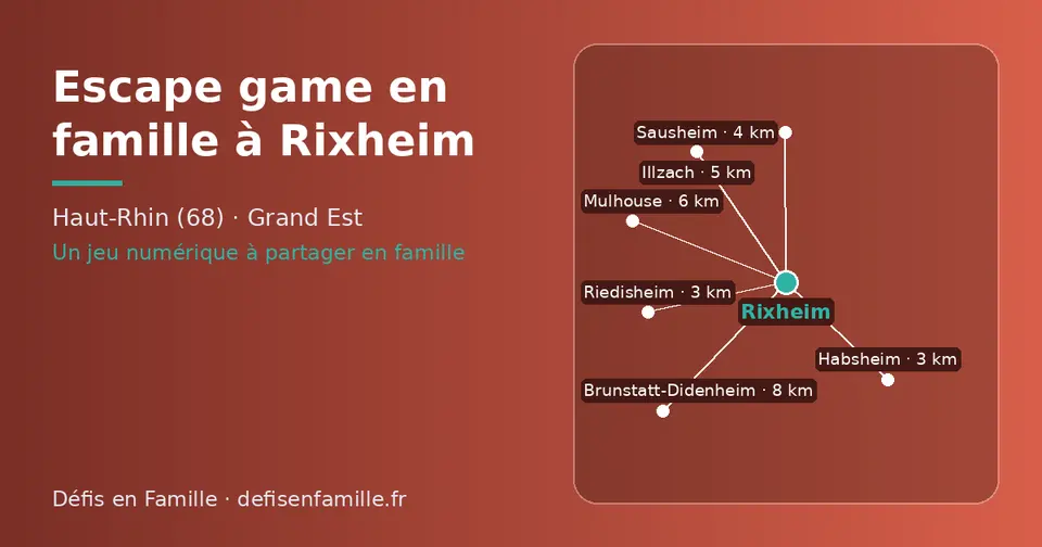Carte schématique : Rixheim et les communes voisines présentées sur ce site (Habsheim, Riedisheim, Sausheim, Illzach, Mulhouse, Brunstatt-Didenheim)