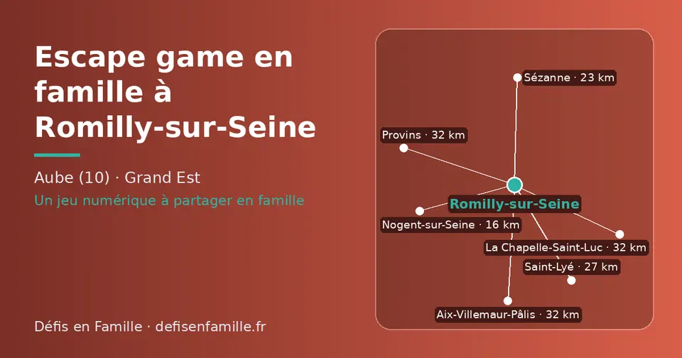 Carte schématique : Romilly-sur-Seine et les communes voisines présentées sur ce site (Nogent-sur-Seine, Sézanne, Saint-Lyé, La Chapelle-Saint-Luc, Aix-Villemaur-Pâlis, Provins)
