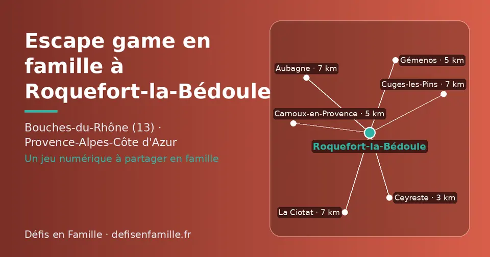 Carte schématique : Roquefort-la-Bédoule et les communes voisines présentées sur ce site (Ceyreste, Carnoux-en-Provence, Gémenos, Aubagne, La Ciotat, Cuges-les-Pins)