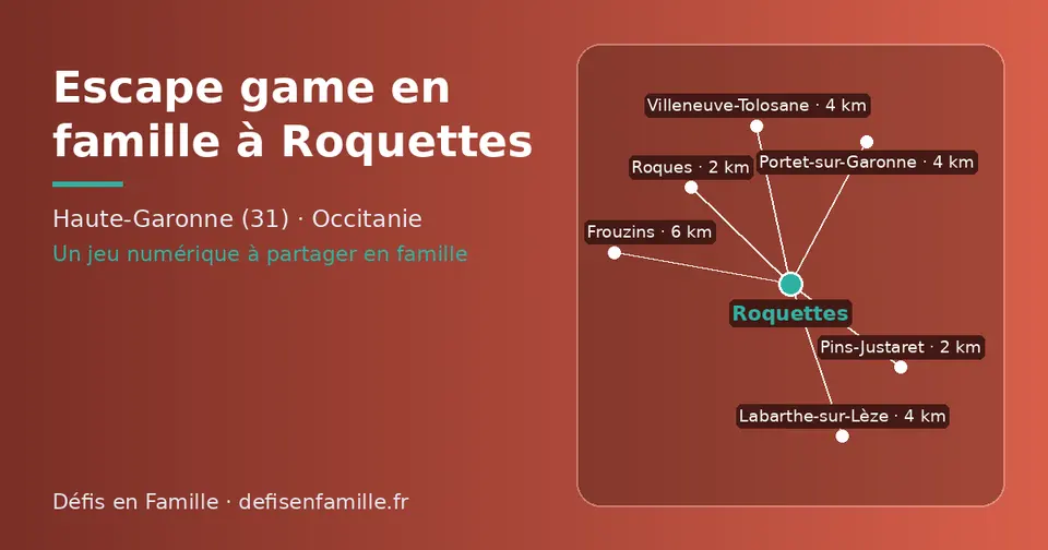 Carte schématique : Roquettes et les communes voisines présentées sur ce site (Roques, Pins-Justaret, Portet-sur-Garonne, Villeneuve-Tolosane, Labarthe-sur-Lèze, Frouzins)