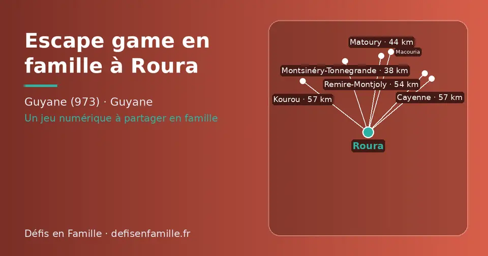 Carte schématique : Roura et les communes voisines présentées sur ce site (Montsinéry-Tonnegrande, Matoury, Remire-Montjoly, Kourou, Cayenne, Macouria)