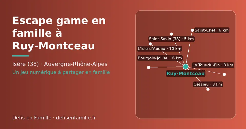 Carte schématique : Ruy-Montceau et les communes voisines présentées sur ce site (Cessieu, Saint-Savin (38), Saint-Chef, Bourgoin-Jallieu, La Tour-du-Pin, L’Isle-d’Abeau)