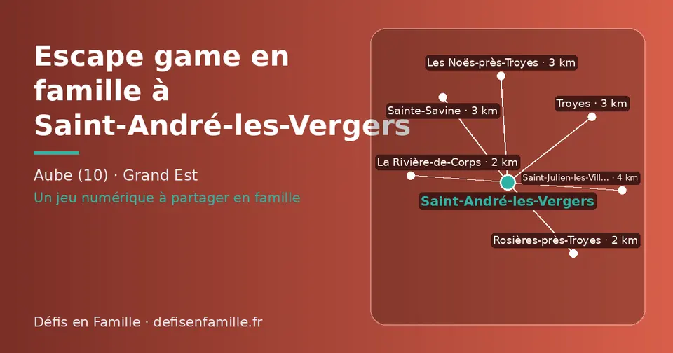 Carte schématique : Saint-André-les-Vergers et les communes voisines présentées sur ce site (Rosières-près-Troyes, La Rivière-de-Corps, Troyes, Sainte-Savine, Les Noës-près-Troyes, Saint-Julien-les-Villas)