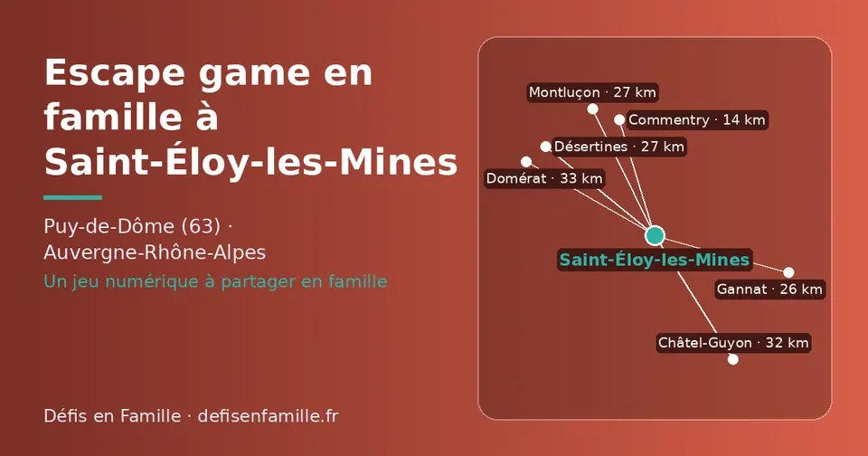 Carte schématique : Saint-Éloy-les-Mines et les communes voisines présentées sur ce site (Commentry, Gannat, Montluçon, Désertines, Châtel-Guyon, Domérat)