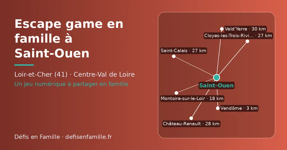 Carte schématique : Saint-Ouen et les communes voisines présentées sur ce site (Vendôme, Montoire-sur-le-Loir, Cloyes-les-Trois-Rivières, Saint-Calais, Château-Renault, Vald’Yerre)