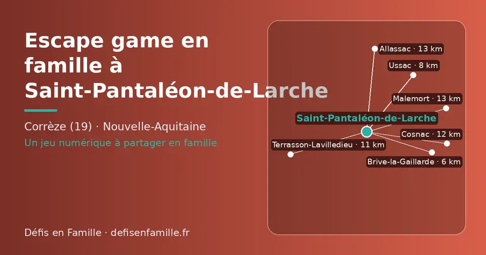 Carte schématique : Saint-Pantaléon-de-Larche et les communes voisines présentées sur ce site (Brive-la-Gaillarde, Ussac, Terrasson-Lavilledieu, Cosnac, Allassac, Malemort)
