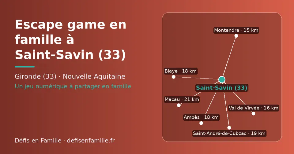 Carte schématique : Saint-Savin (33) et les communes voisines présentées sur ce site (Montendre, Val de Virvée, Blaye, Ambès, Saint-André-de-Cubzac, Macau)