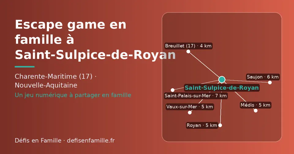 Carte schématique : Saint-Sulpice-de-Royan et les communes voisines présentées sur ce site (Breuillet (17), Royan, Vaux-sur-Mer, Médis, Saujon, Saint-Palais-sur-Mer)