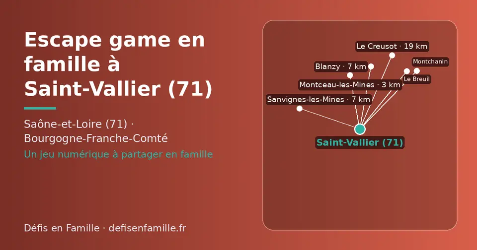 Carte schématique : Saint-Vallier (71) et les communes voisines présentées sur ce site (Montceau-les-Mines, Sanvignes-les-Mines, Blanzy, Montchanin, Le Creusot, Le Breuil)