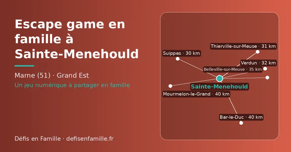Carte schématique : Sainte-Menehould et les communes voisines présentées sur ce site (Suippes, Thierville-sur-Meuse, Verdun, Belleville-sur-Meuse, Bar-le-Duc, Mourmelon-le-Grand)