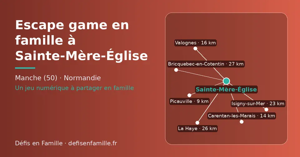 Carte schématique : Sainte-Mère-Église et les communes voisines présentées sur ce site (Picauville, Carentan-les-Marais, Valognes, Isigny-sur-Mer, La Haye, Bricquebec-en-Cotentin)