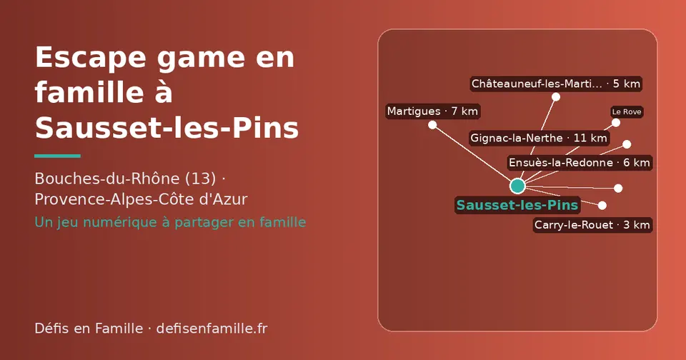Carte schématique : Sausset-les-Pins et les communes voisines présentées sur ce site (Carry-le-Rouet, Châteauneuf-les-Martigues, Ensuès-la-Redonne, Martigues, Gignac-la-Nerthe, Le Rove)