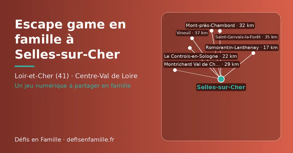 Carte schématique : Selles-sur-Cher et les communes voisines présentées sur ce site (Romorantin-Lanthenay, Le Controis-en-Sologne, Montrichard Val de Cher, Mont-près-Chambord, Saint-Gervais-la-Forêt, Vineuil)