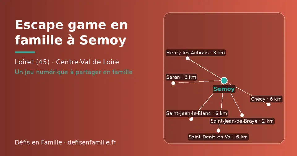 Carte schématique : Semoy et les communes voisines présentées sur ce site (Saint-Jean-de-Braye, Fleury-les-Aubrais, Chécy, Saint-Denis-en-Val, Saint-Jean-le-Blanc, Saran)