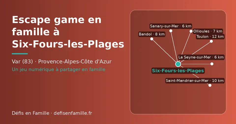 Carte schématique : Six-Fours-les-Plages et les communes voisines présentées sur ce site (La Seyne-sur-Mer, Sanary-sur-Mer, Ollioules, Bandol, Saint-Mandrier-sur-Mer, Toulon)