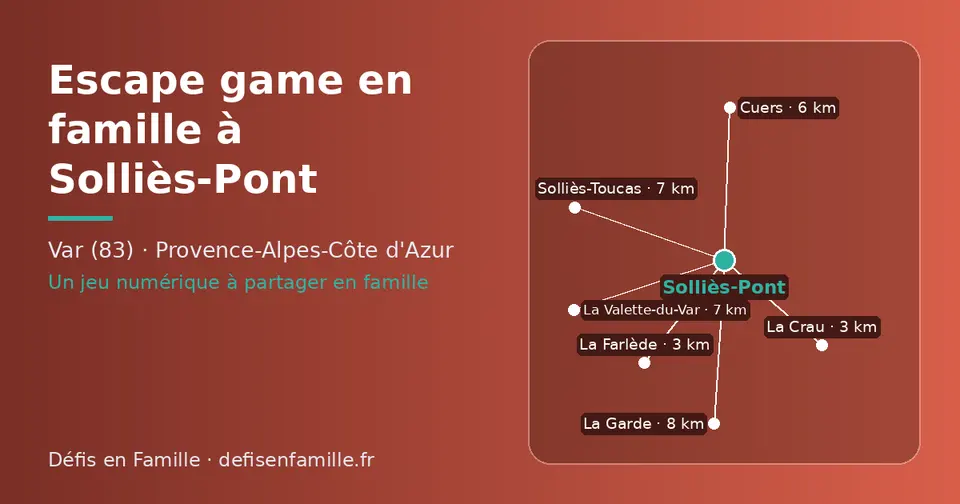 Carte schématique : Solliès-Pont et les communes voisines présentées sur ce site (La Crau, La Farlède, Cuers, Solliès-Toucas, La Valette-du-Var, La Garde)