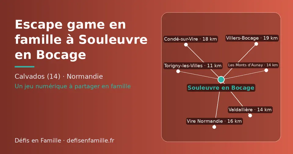 Carte schématique : Souleuvre en Bocage et les communes voisines présentées sur ce site (Torigny-les-Villes, Les Monts d’Aunay, Valdallière, Vire Normandie, Condé-sur-Vire, Villers-Bocage)