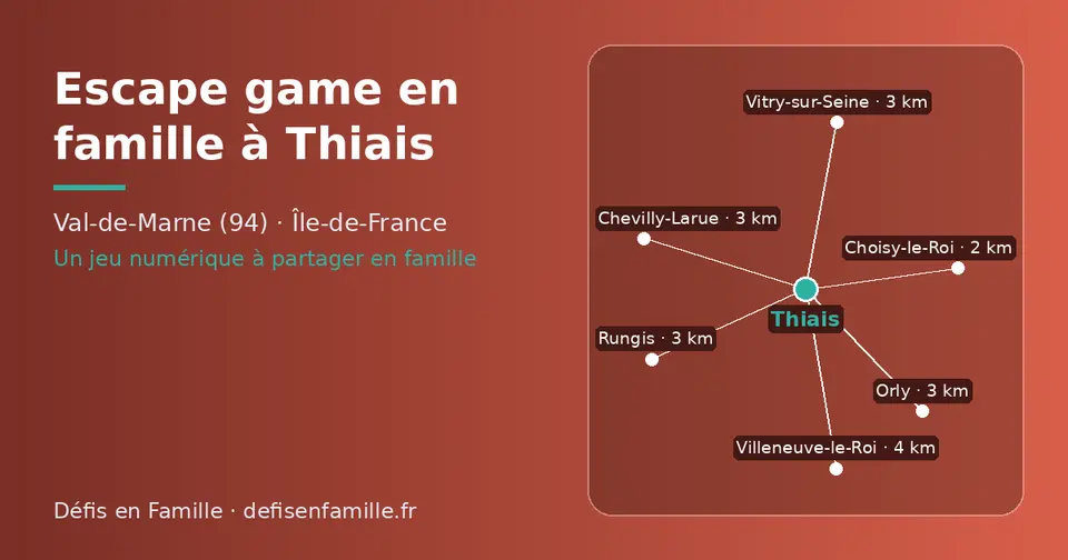 Carte schématique : Thiais et les communes voisines présentées sur ce site (Choisy-le-Roi, Orly, Chevilly-Larue, Rungis, Vitry-sur-Seine, Villeneuve-le-Roi)
