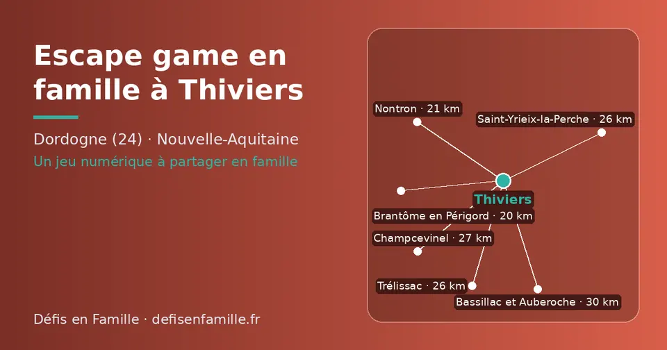 Carte schématique : Thiviers et les communes voisines présentées sur ce site (Brantôme en Périgord, Nontron, Saint-Yrieix-la-Perche, Trélissac, Champcevinel, Bassillac et Auberoche)