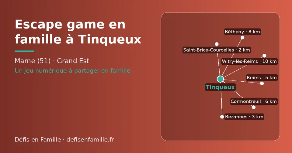 Carte schématique : Tinqueux et les communes voisines présentées sur ce site (Saint-Brice-Courcelles, Bezannes, Reims, Cormontreuil, Bétheny, Witry-lès-Reims)