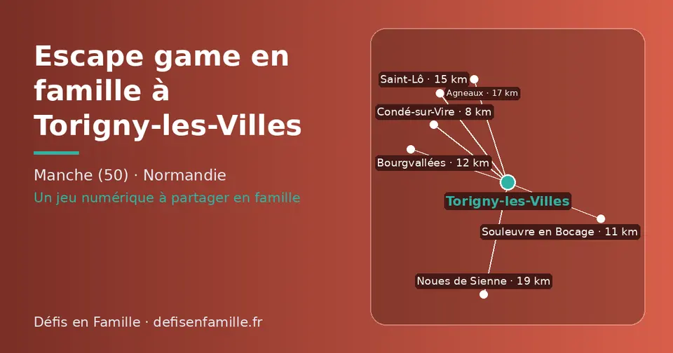Carte schématique : Torigny-les-Villes et les communes voisines présentées sur ce site (Condé-sur-Vire, Souleuvre en Bocage, Bourgvallées, Saint-Lô, Agneaux, Noues de Sienne)