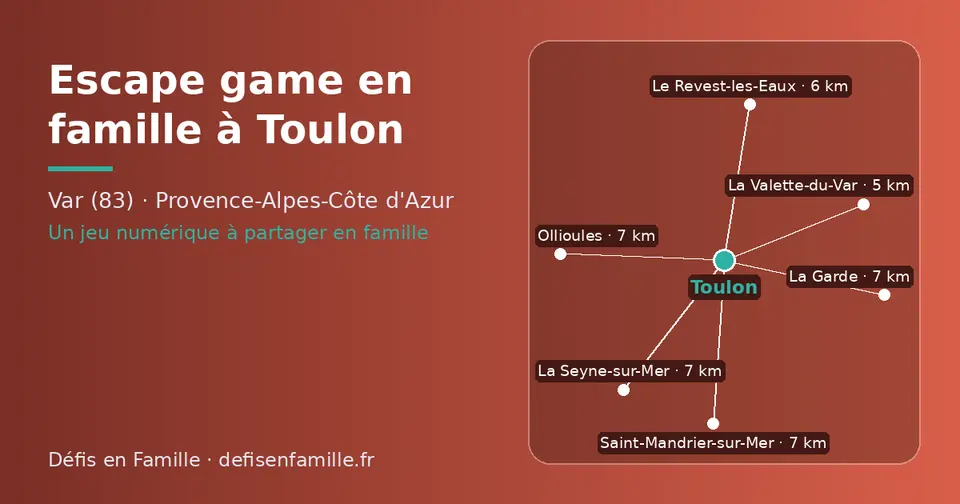 Carte schématique : Toulon et les communes voisines présentées sur ce site (La Valette-du-Var, Le Revest-les-Eaux, Ollioules, Saint-Mandrier-sur-Mer, La Garde, La Seyne-sur-Mer)