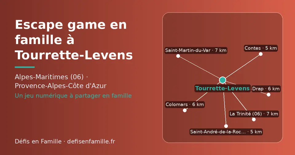 Carte schématique : Tourrette-Levens et les communes voisines présentées sur ce site (Saint-André-de-la-Roche, Contes, Colomars, Drap, Saint-Martin-du-Var, La Trinité (06))