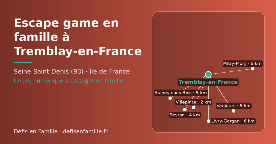 Carte schématique : Tremblay-en-France et les communes voisines présentées sur ce site (Villepinte, Sevran, Mitry-Mory, Vaujours, Aulnay-sous-Bois, Livry-Gargan)