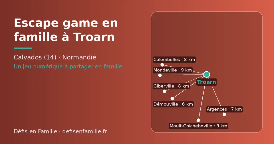 Carte schématique : Troarn et les communes voisines présentées sur ce site (Démouville, Argences, Giberville, Colombelles, Moult-Chicheboville, Mondeville)