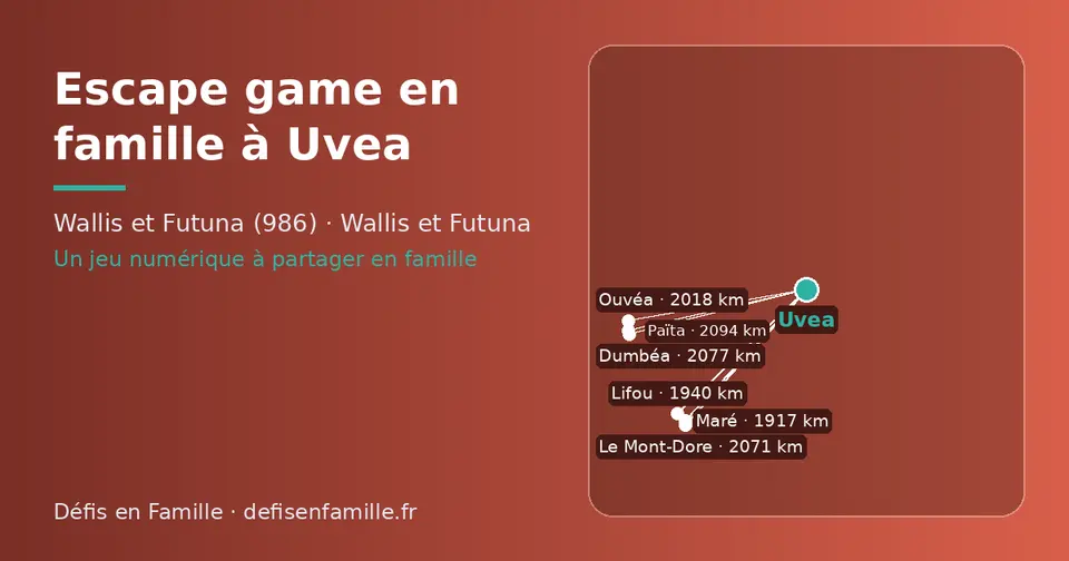 Carte schématique : Uvea et les communes voisines présentées sur ce site (Maré, Lifou, Ouvéa, Le Mont-Dore, Dumbéa, Païta)