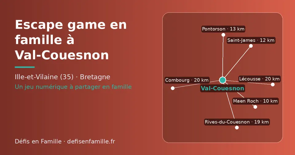 Carte schématique : Val-Couesnon et les communes voisines présentées sur ce site (Maen Roch, Saint-James, Pontorson, Rives-du-Couesnon, Combourg, Lécousse)