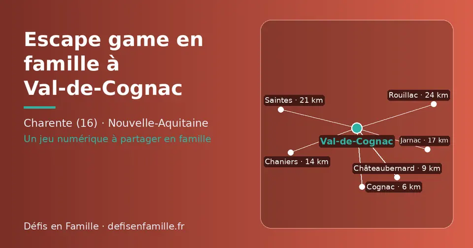 Carte schématique : Val-de-Cognac et les communes voisines présentées sur ce site (Cognac, Châteaubernard, Chaniers, Jarnac, Saintes, Rouillac)