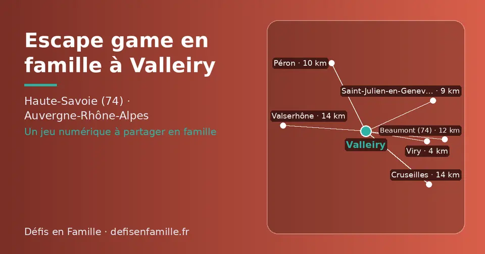 Carte schématique : Valleiry et les communes voisines présentées sur ce site (Viry, Saint-Julien-en-Genevois, Péron, Beaumont (74), Cruseilles, Valserhône)