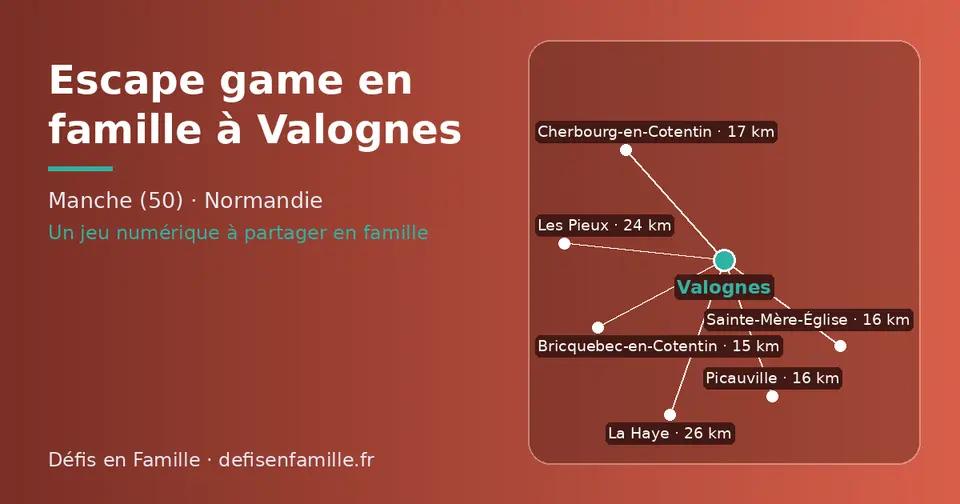 Carte schématique : Valognes et les communes voisines présentées sur ce site (Bricquebec-en-Cotentin, Picauville, Sainte-Mère-Église, Cherbourg-en-Cotentin, Les Pieux, La Haye)