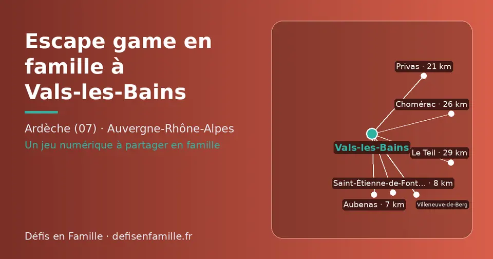Carte schématique : Vals-les-Bains et les communes voisines présentées sur ce site (Aubenas, Saint-Étienne-de-Fontbellon, Villeneuve-de-Berg, Privas, Chomérac, Le Teil)