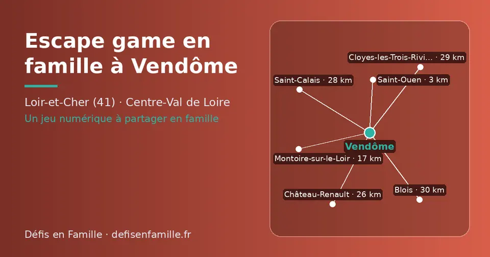 Carte schématique : Vendôme et les communes voisines présentées sur ce site (Saint-Ouen, Montoire-sur-le-Loir, Château-Renault, Saint-Calais, Cloyes-les-Trois-Rivières, Blois)