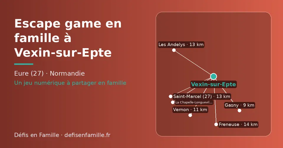 Carte schématique : Vexin-sur-Epte et les communes voisines présentées sur ce site (Gasny, Vernon, Les Andelys, Saint-Marcel (27), La Chapelle-Longueville, Freneuse)