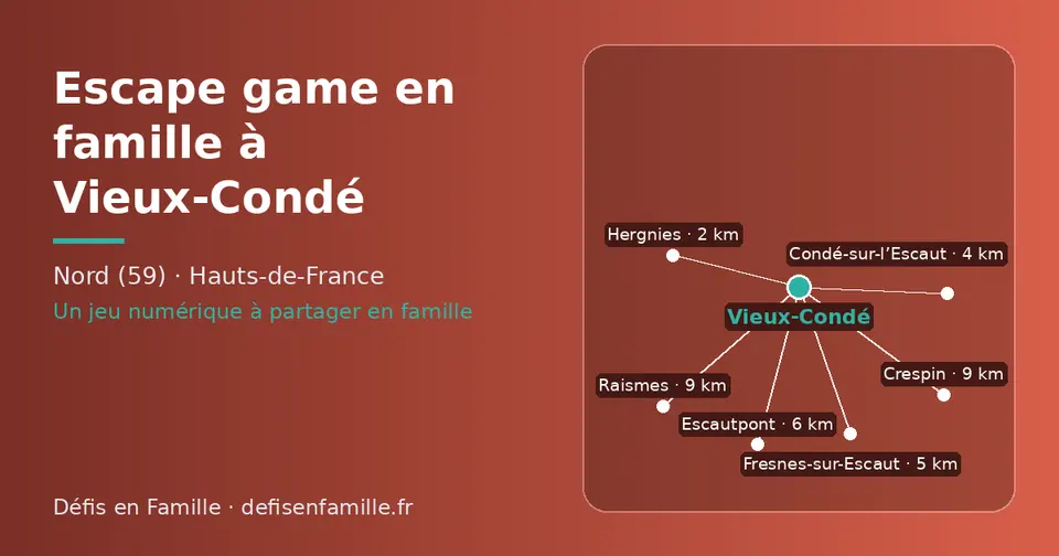Carte schématique : Vieux-Condé et les communes voisines présentées sur ce site (Hergnies, Condé-sur-l’Escaut, Fresnes-sur-Escaut, Escautpont, Raismes, Crespin)