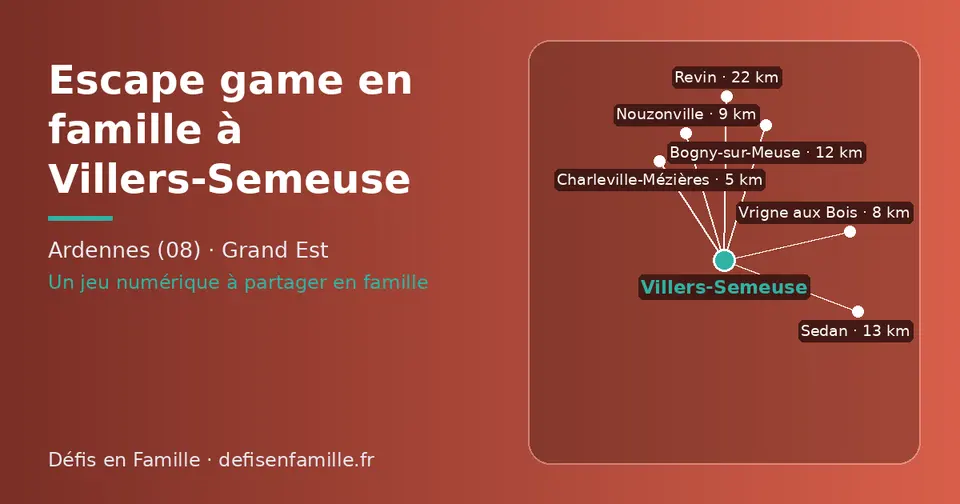 Carte schématique : Villers-Semeuse et les communes voisines présentées sur ce site (Charleville-Mézières, Vrigne aux Bois, Nouzonville, Bogny-sur-Meuse, Sedan, Revin)