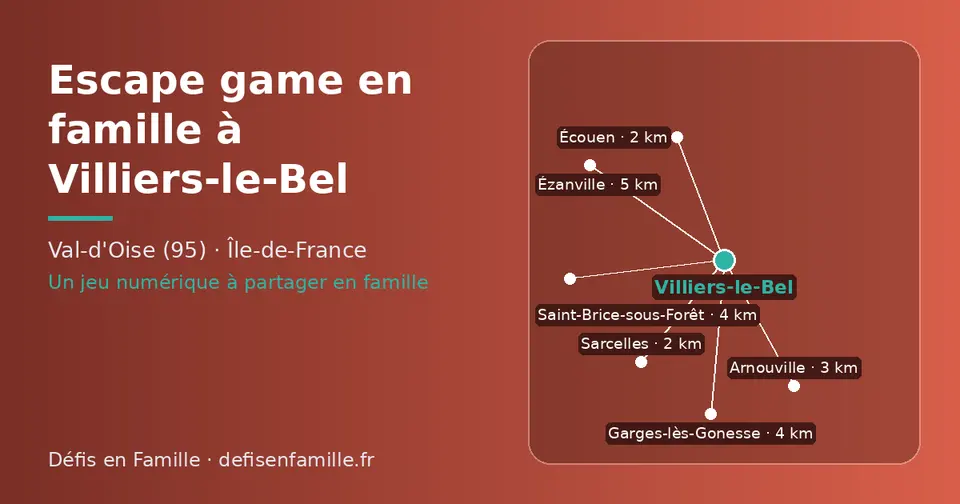 Carte schématique : Villiers-le-Bel et les communes voisines présentées sur ce site (Sarcelles, Écouen, Arnouville, Garges-lès-Gonesse, Saint-Brice-sous-Forêt, Ézanville)