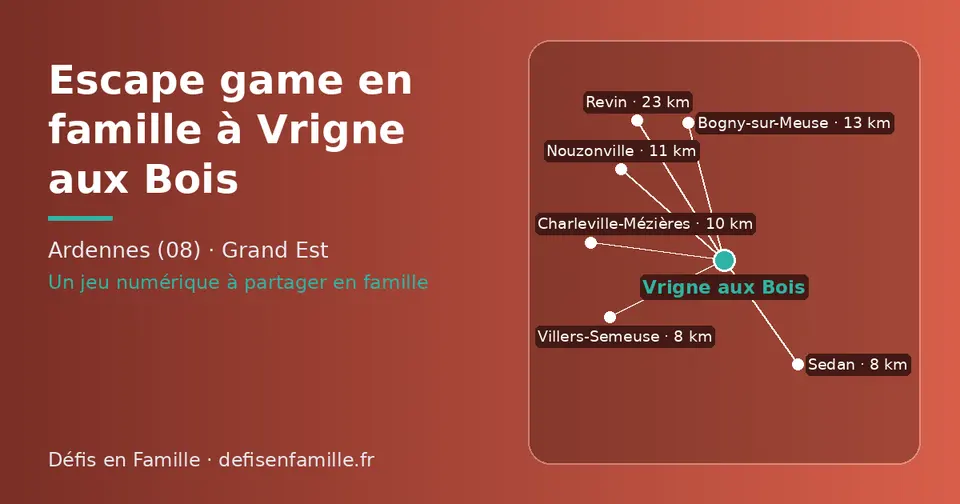 Carte schématique : Vrigne aux Bois et les communes voisines présentées sur ce site (Sedan, Villers-Semeuse, Charleville-Mézières, Nouzonville, Bogny-sur-Meuse, Revin)