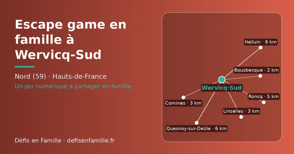 Carte schématique : Wervicq-Sud et les communes voisines présentées sur ce site (Bousbecque, Comines, Linselles, Roncq, Halluin, Quesnoy-sur-Deûle)