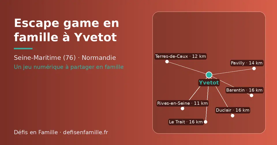 Carte schématique : Yvetot et les communes voisines présentées sur ce site (Rives-en-Seine, Terres-de-Caux, Pavilly, Le Trait, Barentin, Duclair)